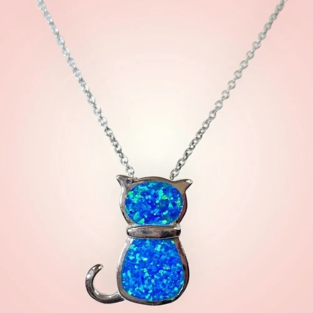 Sterling Silver 925 Rhodium Plated Lab Blue Inlay Opal Sitting Cat 18